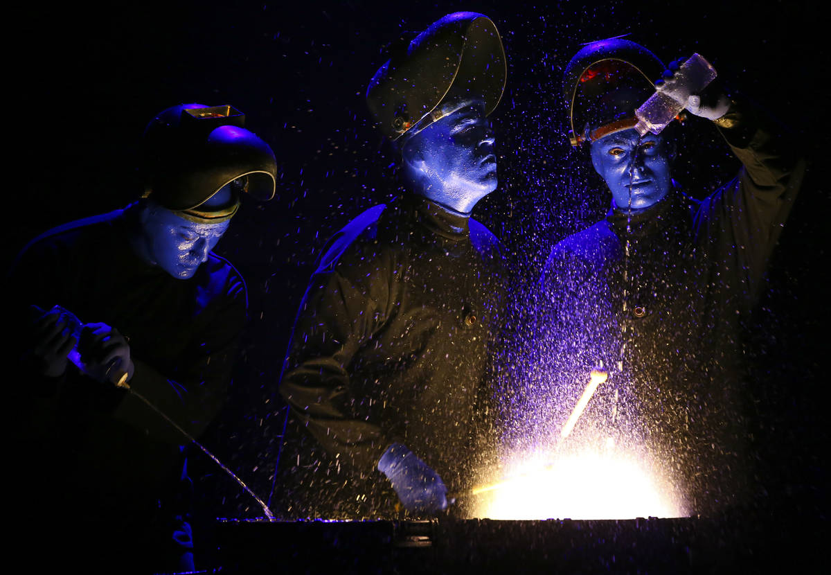 The Blue Man Group performs during a full dress rehearsal at the BMG Theater at the Luxor in La ...