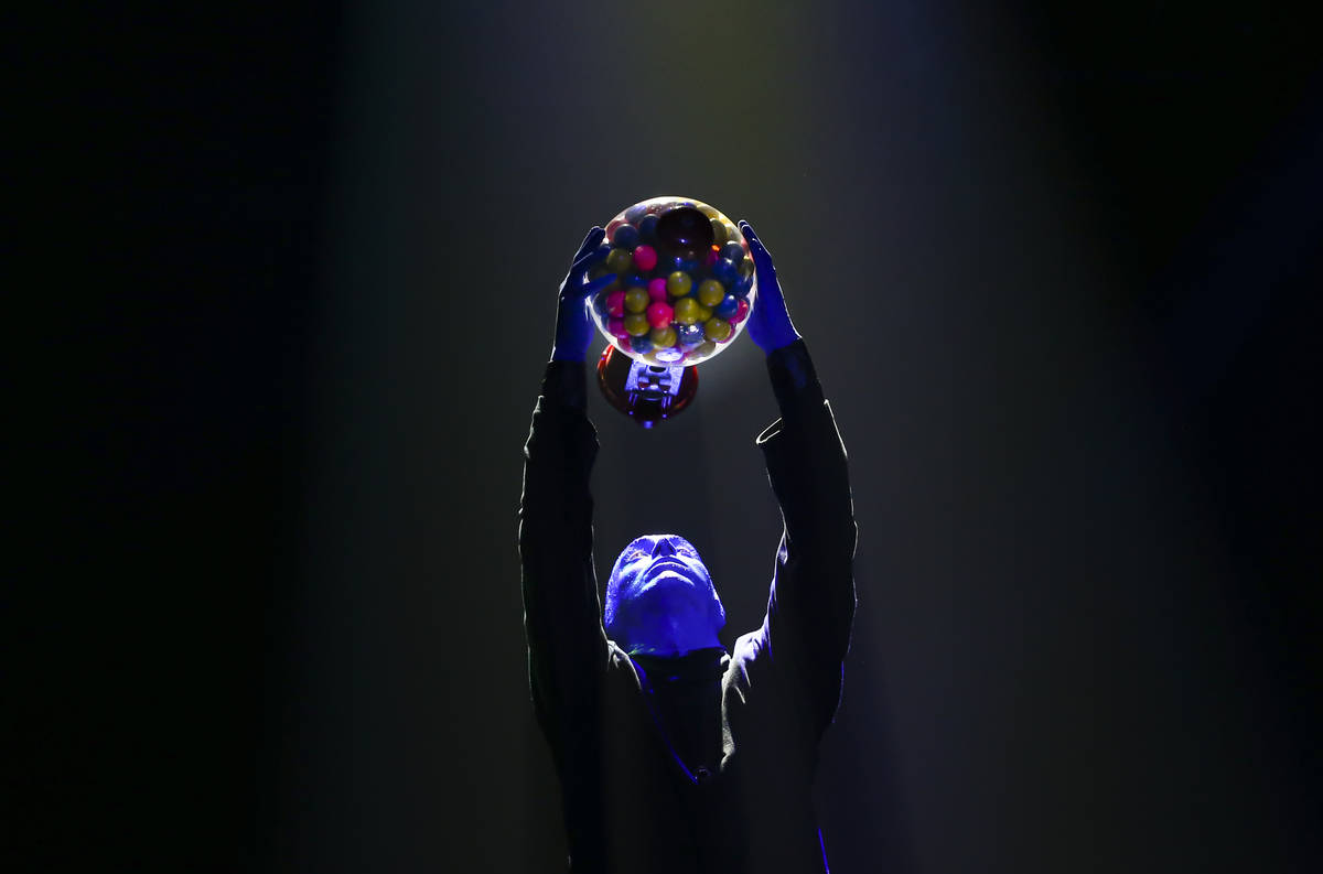 The Blue Man Group performs during a full dress rehearsal at the BMG Theater at the Luxor in La ...