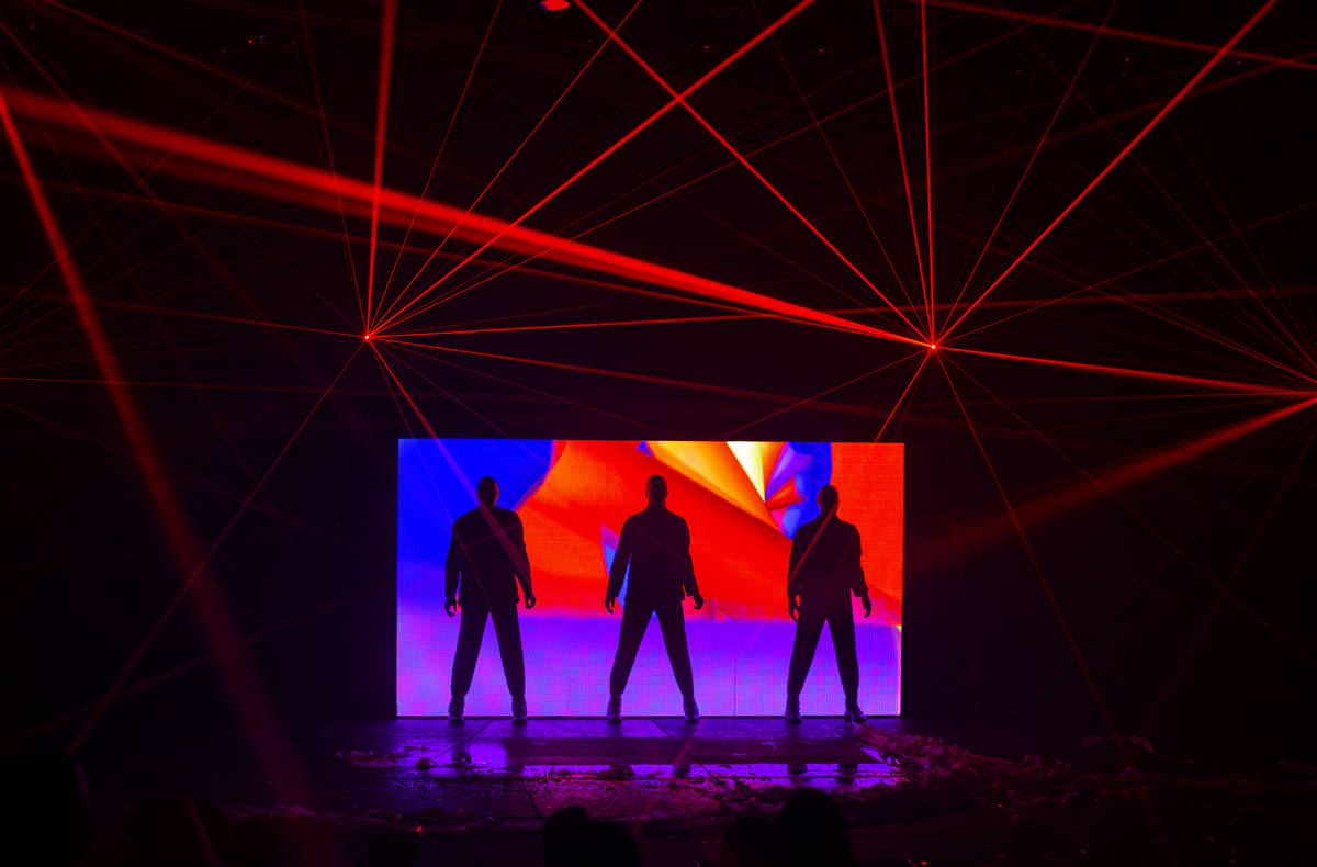 The Blue Man Group performs during a full dress rehearsal at the BMG Theater at the Luxor in La ...