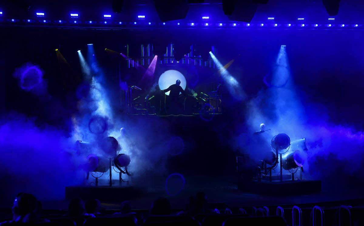 The Blue Man Group performs during a full dress rehearsal at the BMG Theater at the Luxor in La ...