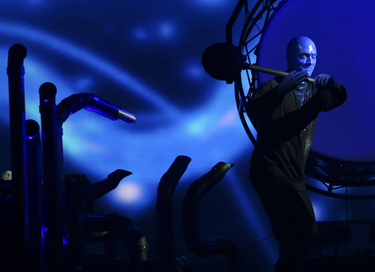The Blue Man Group performs during a full dress rehearsal at the BMG Theater at the Luxor in La ...