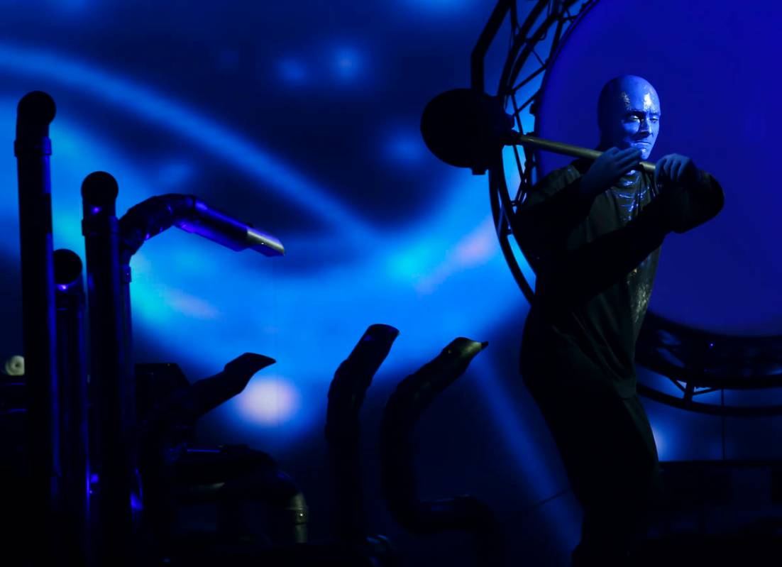 The Blue Man Group performs during a full dress rehearsal at the BMG Theater at the Luxor in La ...