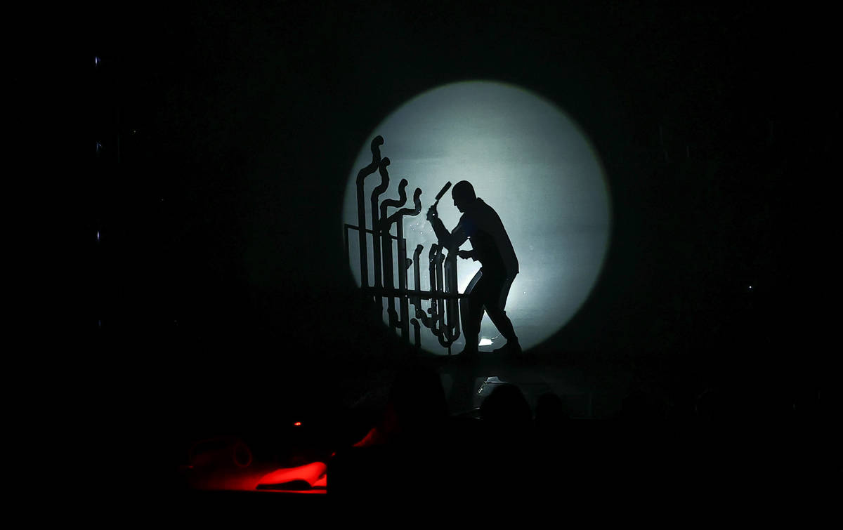 The Blue Man Group performs during a full dress rehearsal at the BMG Theater at the Luxor in La ...