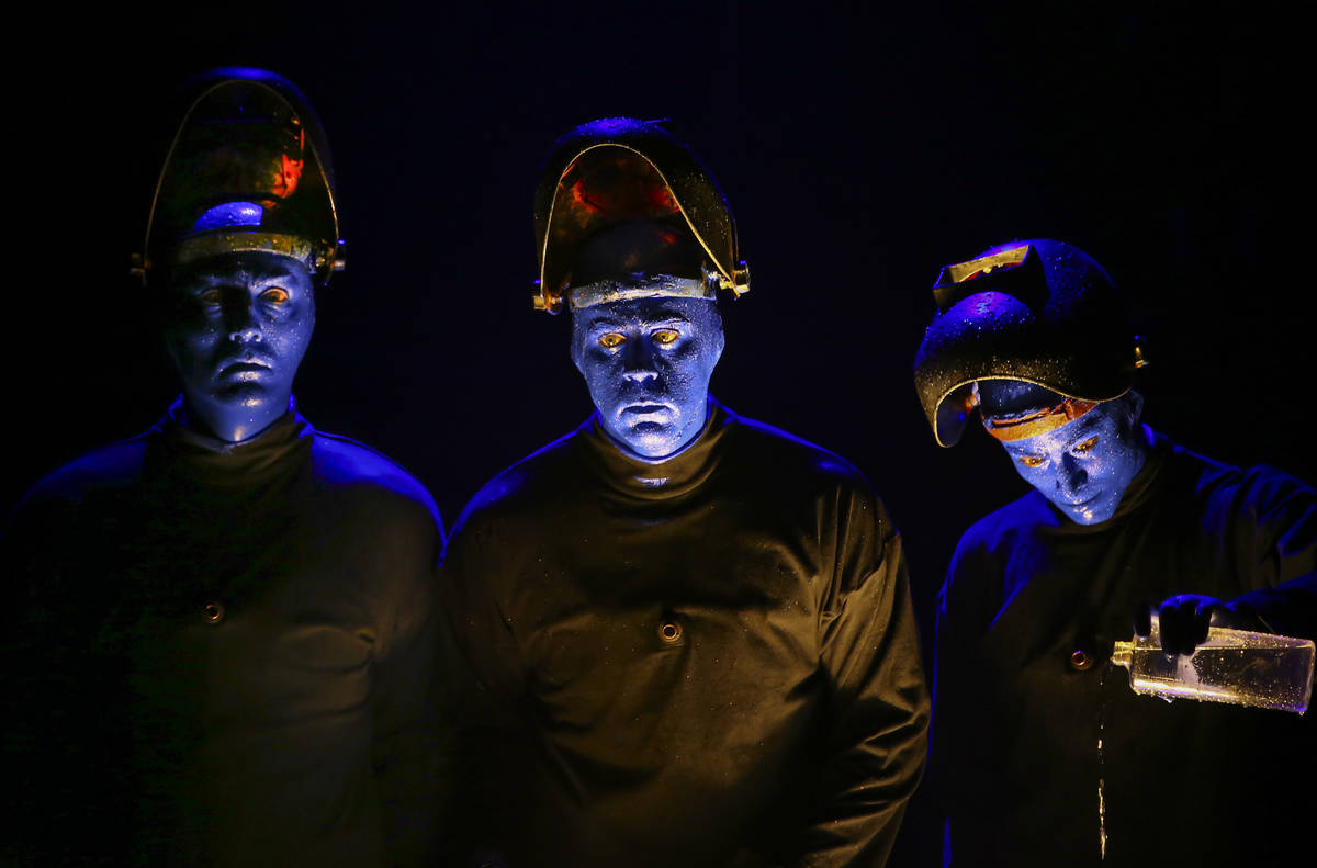 The Blue Man Group performs during a full dress rehearsal at the BMG Theater at the Luxor in La ...