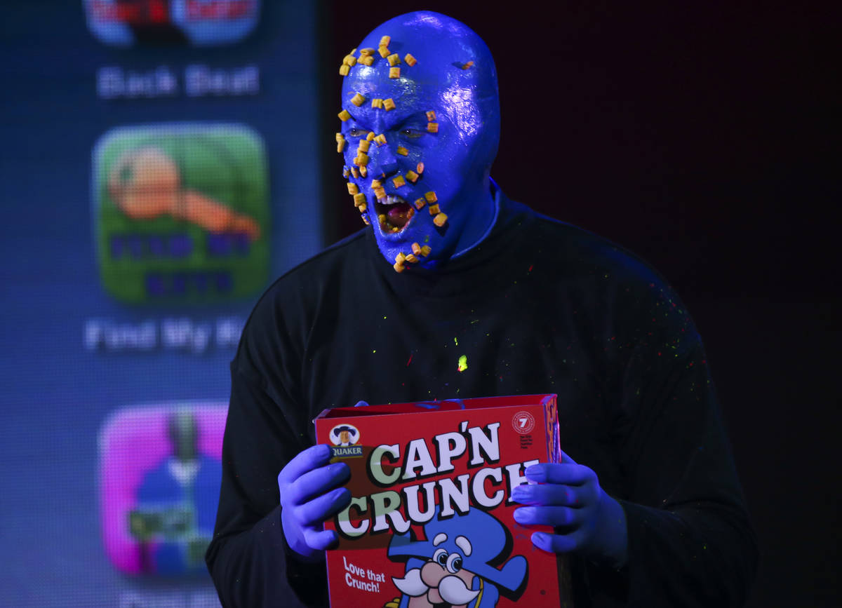 The Blue Man Group performs during a full dress rehearsal at the BMG Theater at the Luxor in La ...
