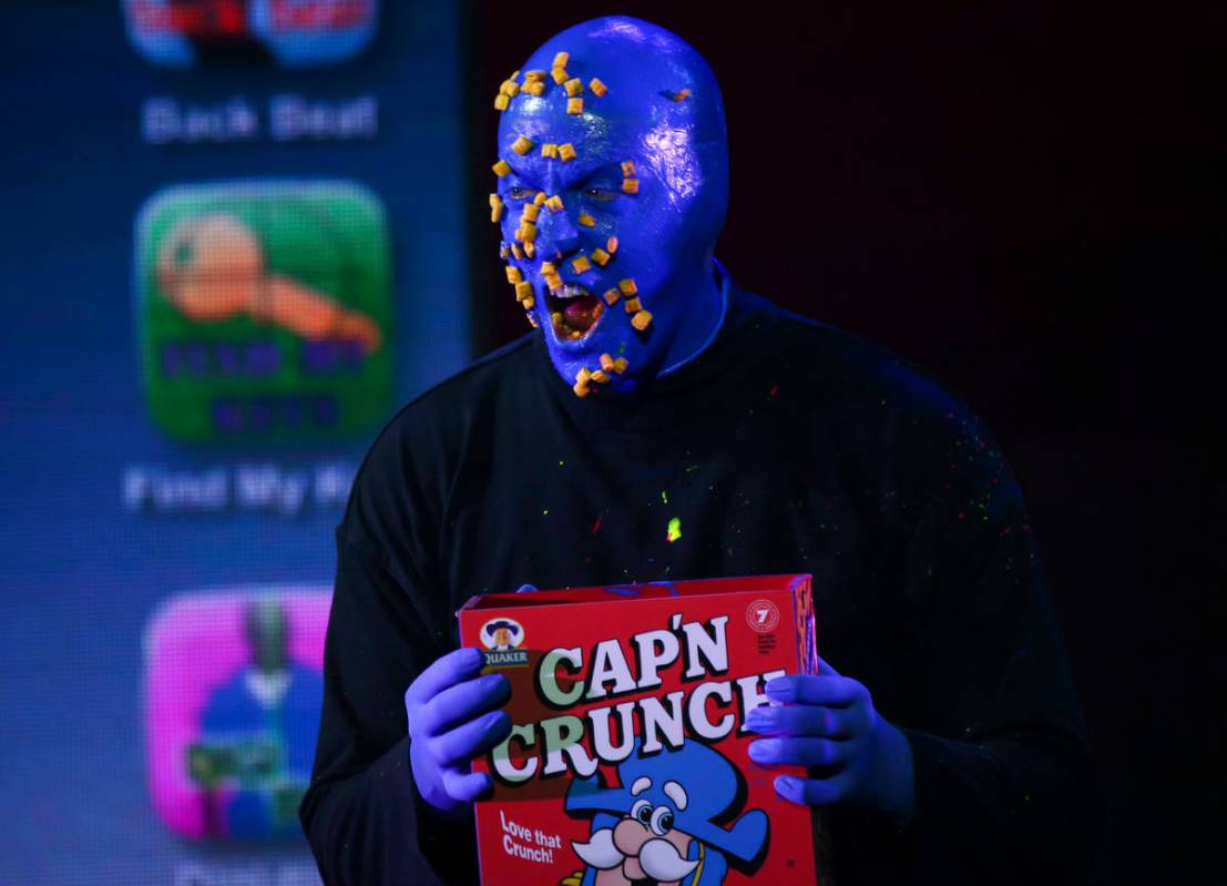 The Blue Man Group performs during a full dress rehearsal at the BMG Theater at the Luxor in La ...