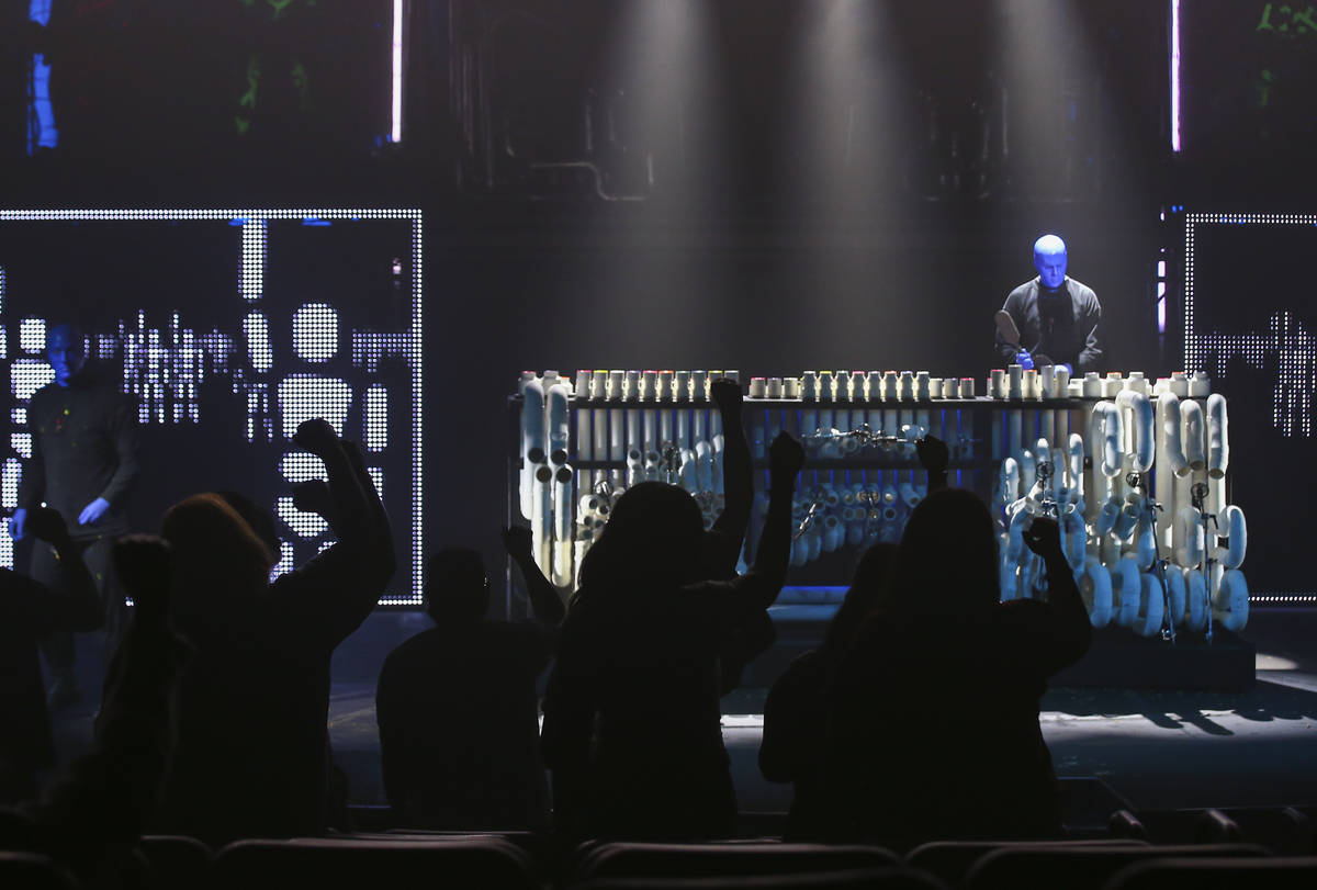 The Blue Man Group performs during a full dress rehearsal at the BMG Theater at the Luxor in La ...