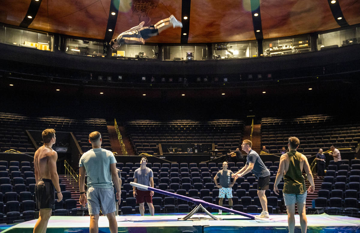 Acrobats practice on a teeter board during rehearsals for "Mystere," a Cirque du Sole ...