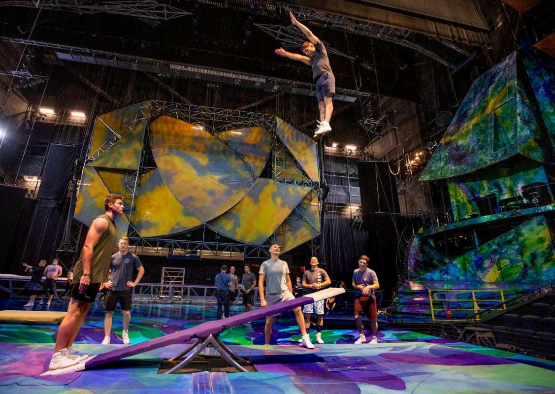 Acrobats practice on a teeter board during rehearsals for "Mystere," a Cirque du Sole ...