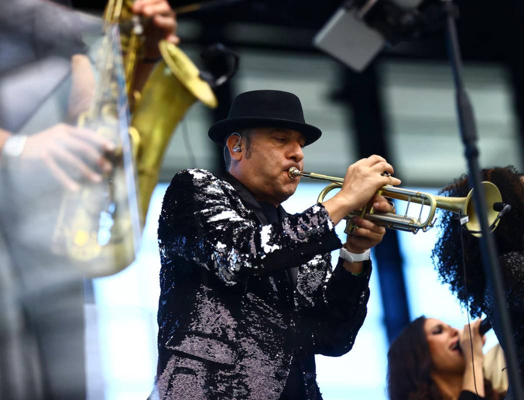 David Perrico leads his Pop Strings Orchestra at Allegiant Stadium in Las Vegas on Monday, June ...
