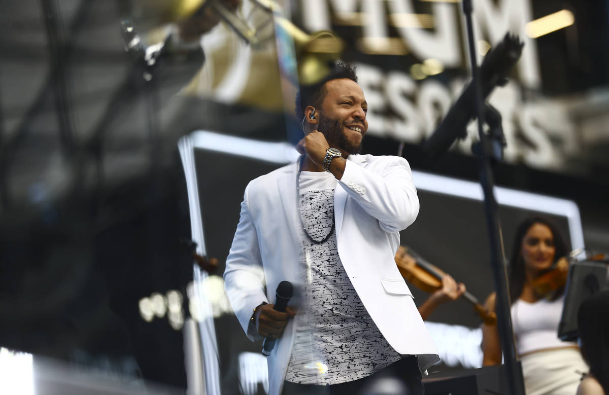 Members of David Perrico's Pop Strings band perform at Allegiant Stadium in Las Vegas on Monday ...