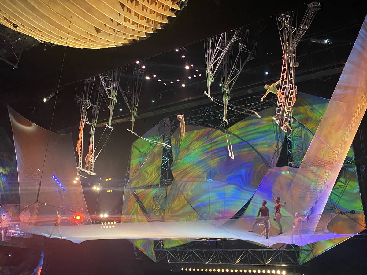 The trapeze act at the reopening of "Mystere" at Treasure Island on Monday, June 28, 2021. (Joh ...