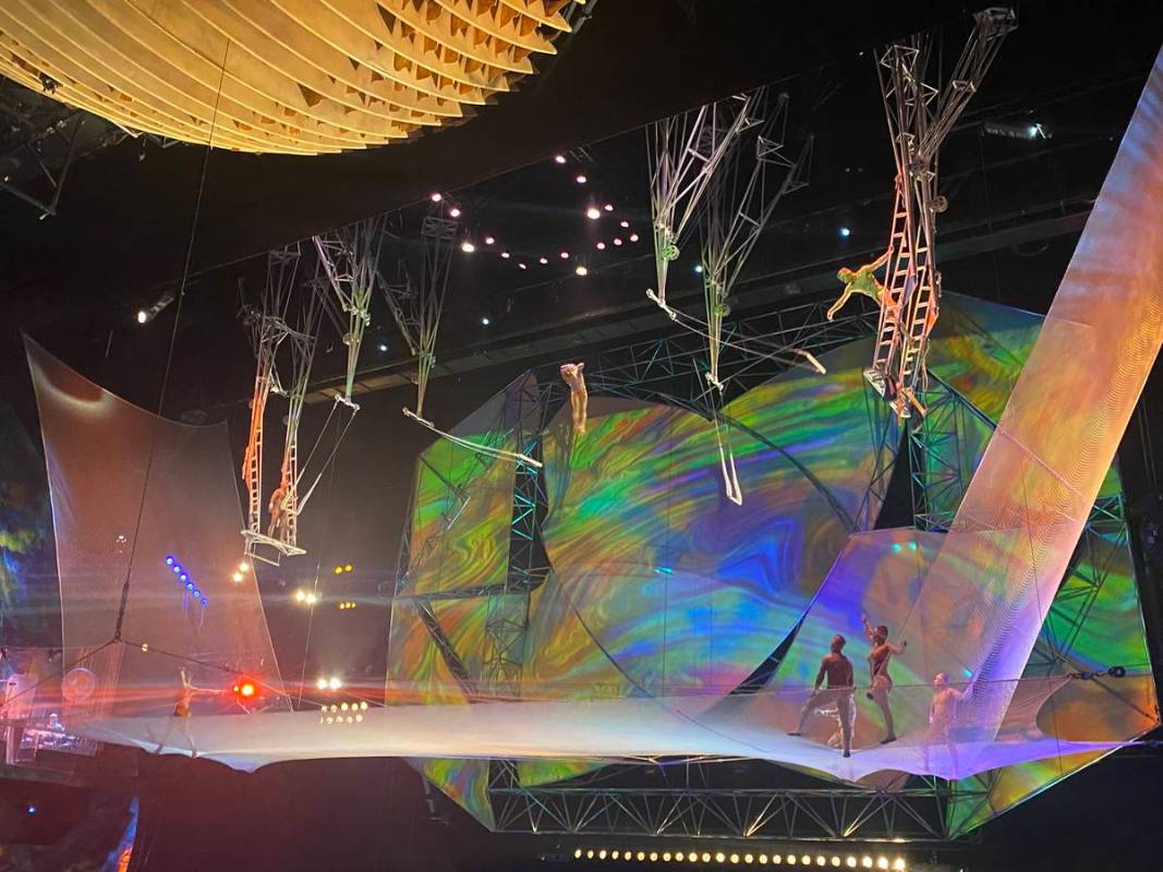 The trapeze act at the reopening of "Mystere" at Treasure Island on Monday, June 28, 2021. (Joh ...