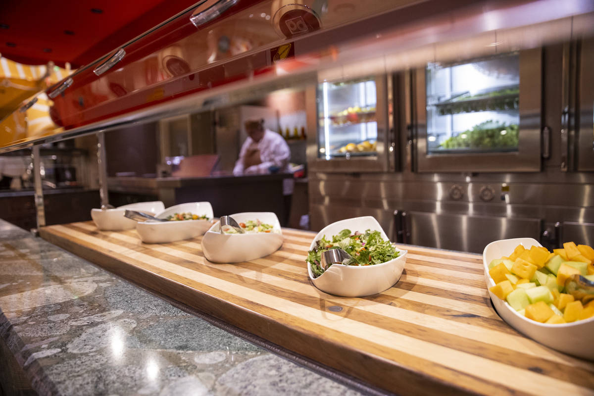 The salad station at The Buffet at Wynn Las Vegas, Wednesday, June 30, 2021 in Las Vegas. (Erik ...