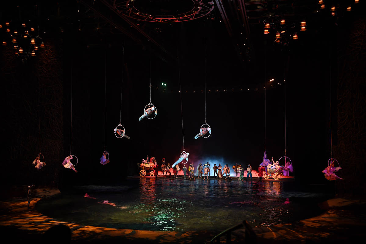 LAS VEGAS, NEVADA - JULY 01: Cast and crew of "O" by Cirque du Soleil perform during ...