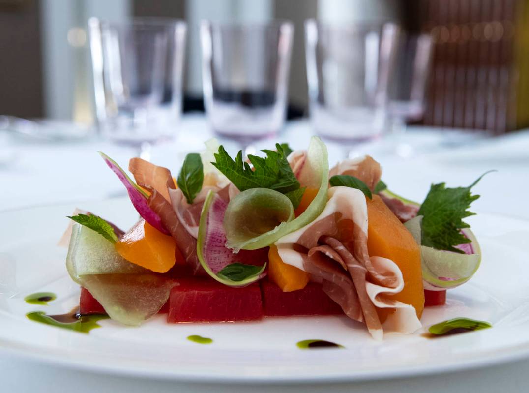 Prosciutto with summer melon is displayed at Delilah Supper Club at Wynn, on Friday, June 18, ...