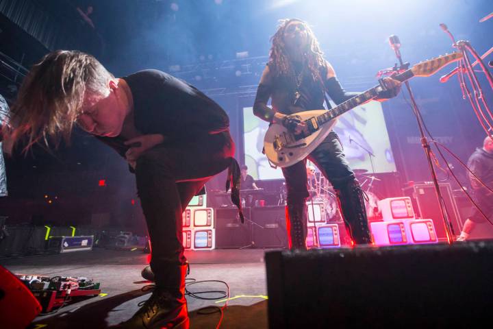 Fear Factory vocalist Burton C. Bell, left, joins Al Jourgensen of Ministry for a performance a ...