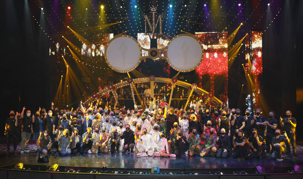 LAS VEGAS, NEVADA - AUGUST 19: Cast and crew pose after the grand reopening of "Michael J ...