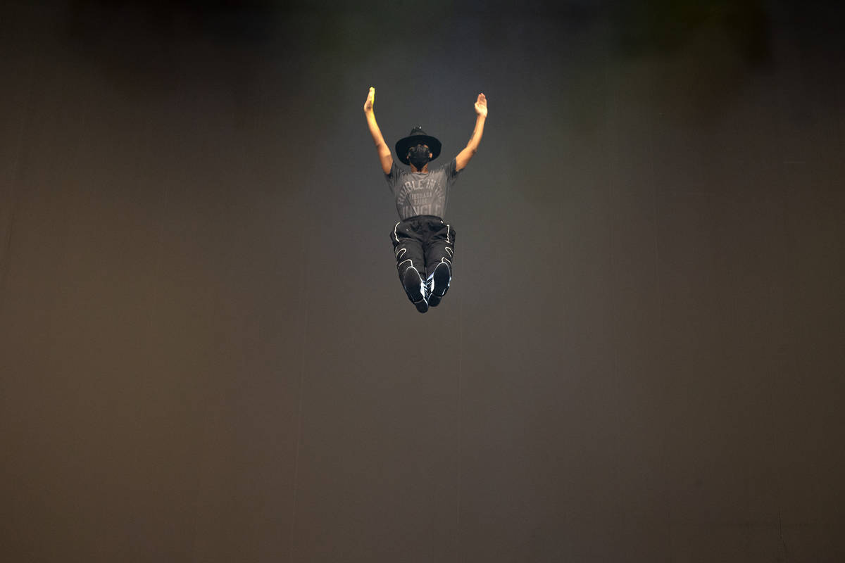 A performer rehearses for Michael Jackson One by Cirque du Soleil in the show's theater at Mand ...
