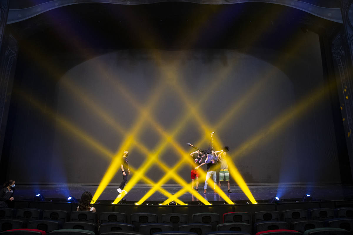 Performers rehearse for Michael Jackson One by Cirque du Soleil in the show's theater at Mandal ...