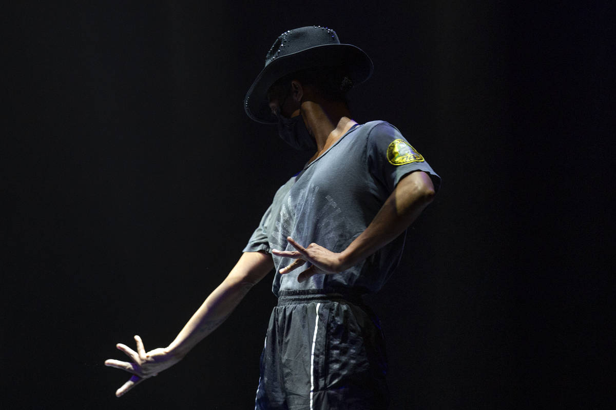 A performer rehearses for Michael Jackson One by Cirque du Soleil in the show's theater at Mand ...