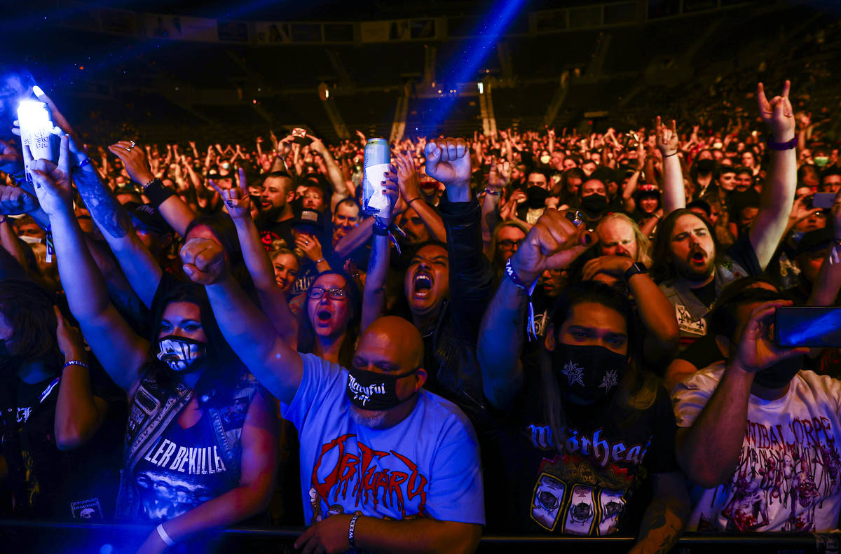 Fans cheer as Obituary performs during Psycho Las Vegas at Mandalay Bay in Las Vegas on Friday, ...