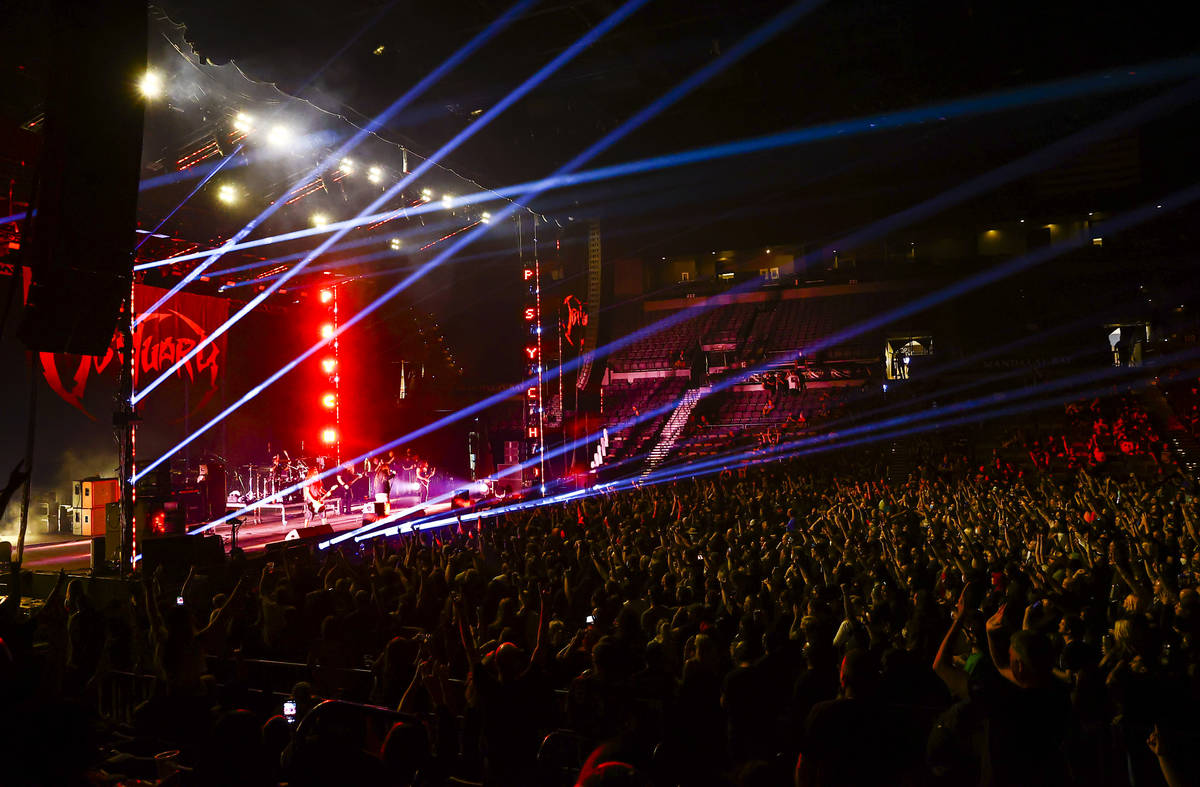 Obituary performs at the main stage during Psycho Las Vegas at Mandalay Bay in Las Vegas on Fri ...