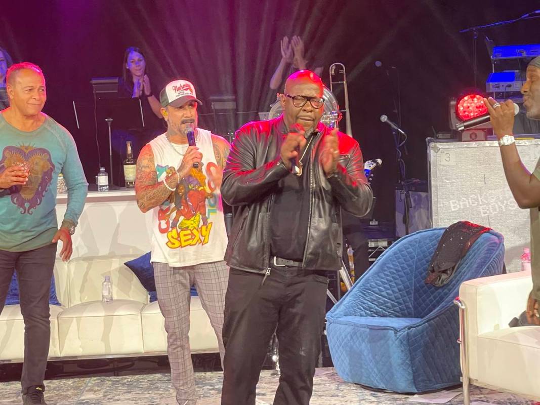 Bobby Brown performs "My Prerogative" with Ray Parker Jr., far left, and AJ McLean of the Backs ...