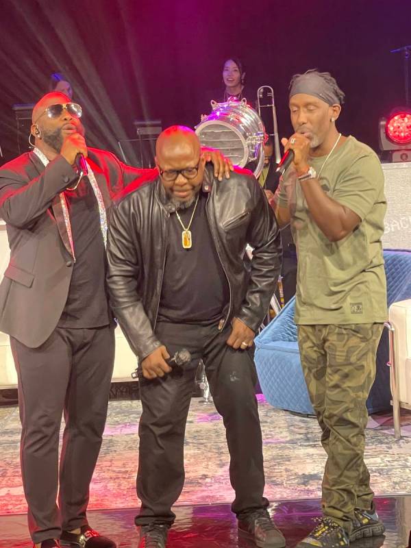 Wanya Morris, Bobby Brown and Shawn Stockman perform during "The After Party" at Sands Showroom ...