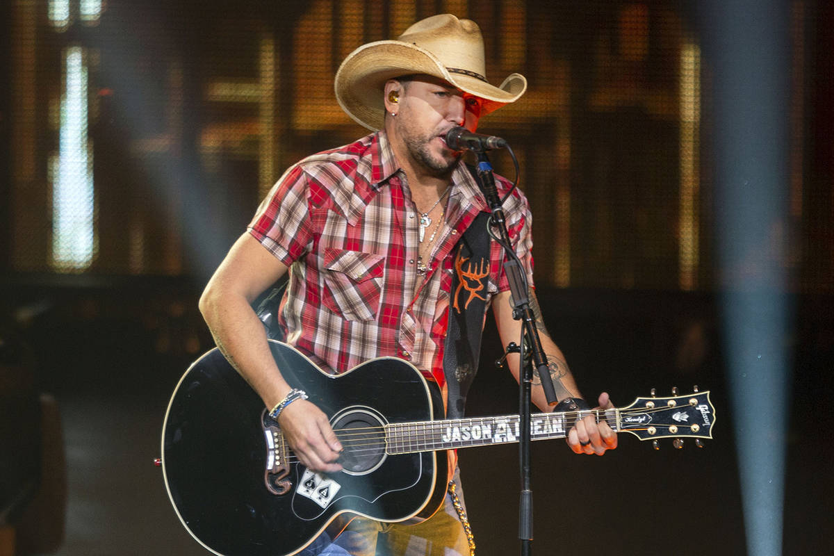Jason Aldean performs at the Park MGM's Park Theater in Las Vegas on Friday, Dec. 6, 2019. (Eli ...