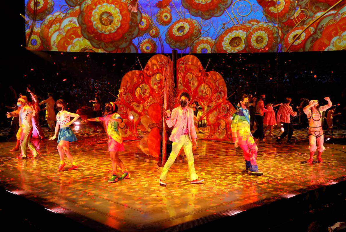 LAS VEGAS, NEVADA - AUGUST 26: Cast members perform during the grand reopening of "The Be ...