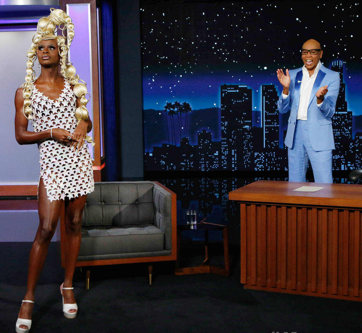 Drag icon RuPaul is shown on "Jimmy Kimmel Live" with Symone, winner of “RuPaul’s Drag Race ...