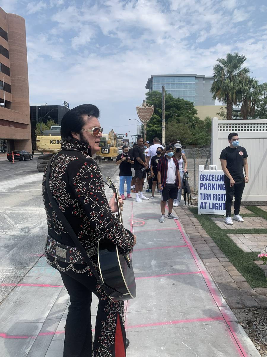 Elvis tribute artist Brendan Paul is shown during the Drake “Certified Lover Boy” pop-up ev ...