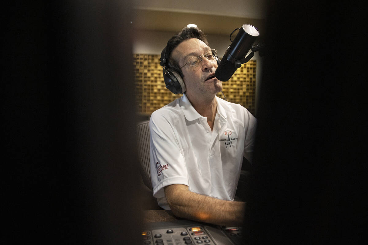 George Lyons broadcasts his radio show "The Lyons' Den" live on KUNV at Greenspun Hall on Sunda ...
