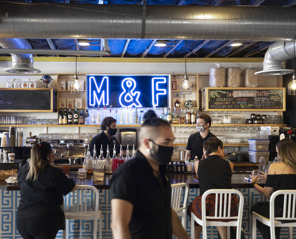 Customers enjoy dinner service at Makers & Finders on Wednesday, Sept. 15, 2021, in Las Veg ...