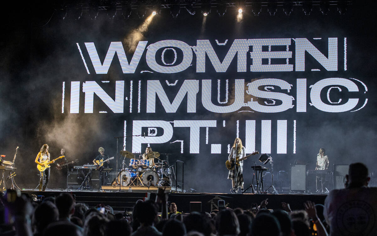 HAIM performs on the Downtown Stage during day two of Life is Beautiful on Saturday, Sept. 18, ...