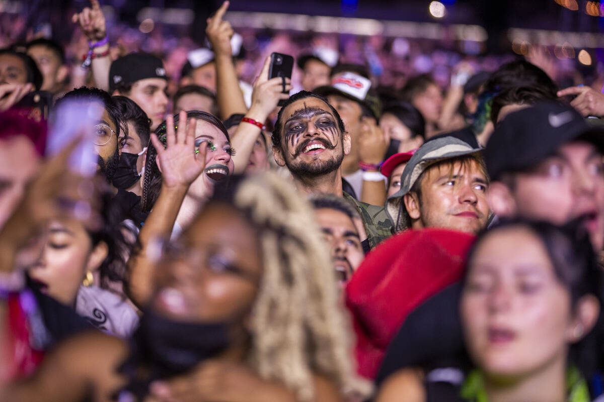 Fans sing and dance as Green Day performs on the Downtown Stage during day two of Life is Beaut ...