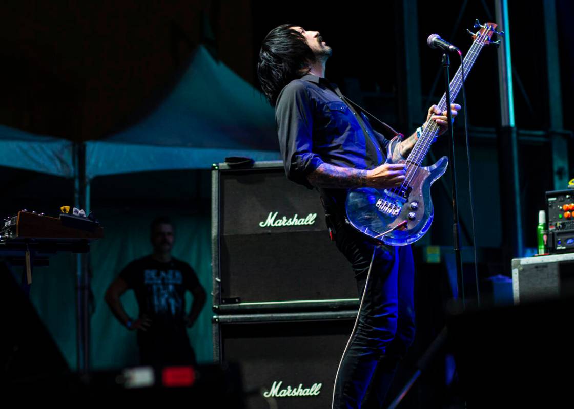 Jesse F. Keeler, of Death From Above 1979, performs at the Huntridge stage during the final day ...
