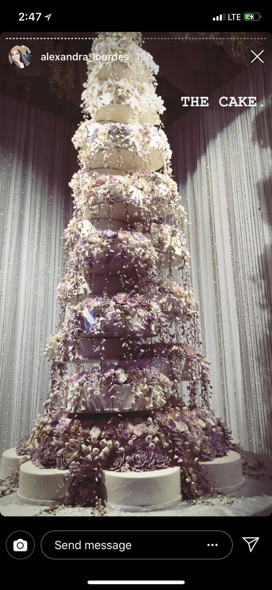 The wedding cake for the Kelley Fertitta-Tyler Nemiro wedding is shown on Saturday, Sept. 1, 20 ...