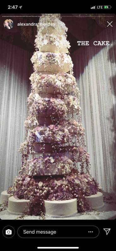 The wedding cake for the Kelley Fertitta-Tyler Nemiro wedding is shown on Saturday, Sept. 1, 20 ...