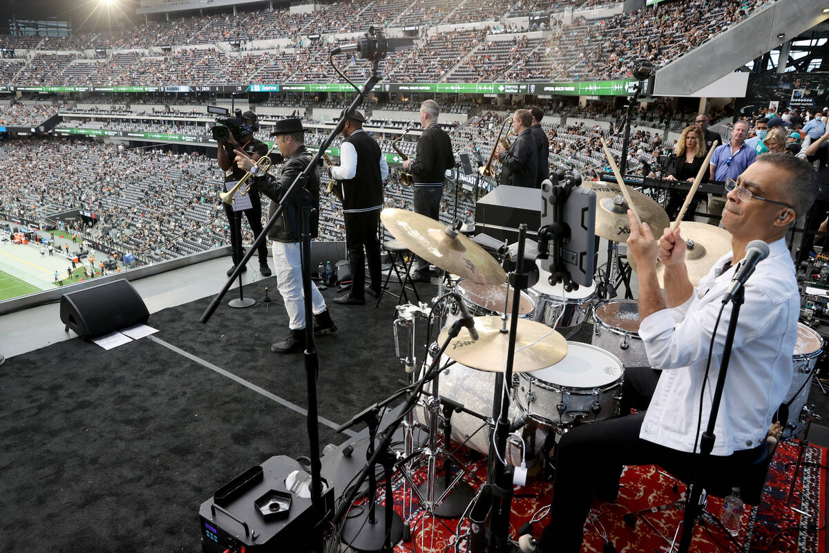 Drummer Pepe Jimenez of the David Perrico Raiders House Band before the Raiders take on the Mia ...