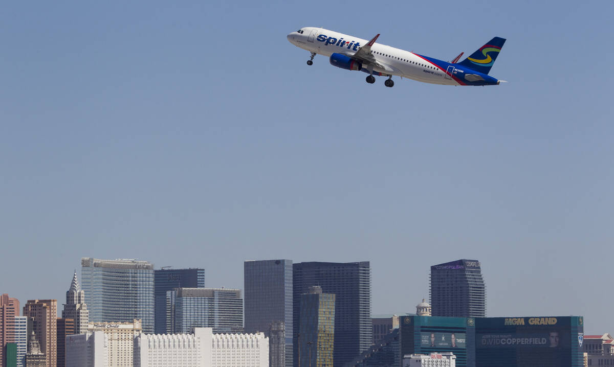 A Spirit Airlines jetliner departs McCarran International Airport in Las Vegas on Wednesday, Ju ...