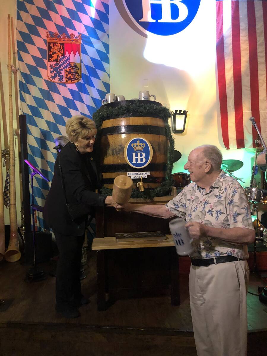 Las Vegas Mayor Carolyn Goodman and Oscar Goodman tap the keg to kick off Oktoberfest at Hofbra ...