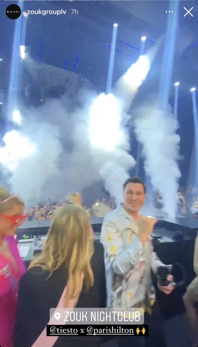 Tiesto's DJ booth is shown during the Paris Hilton-Carter Reum dual bachelor/bachelorette party ...