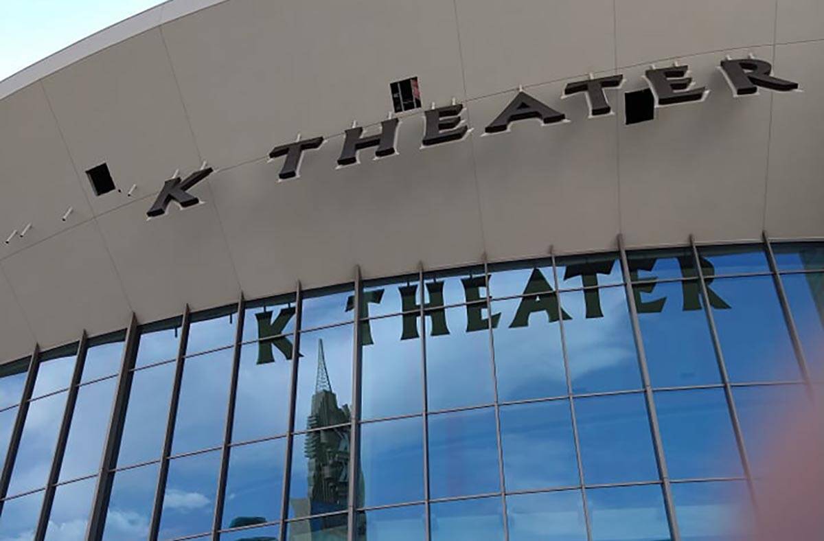 The incomplete Park Theater sign at Park MGM is shown on July 13, 2021. (John Katsilometes/Las ...