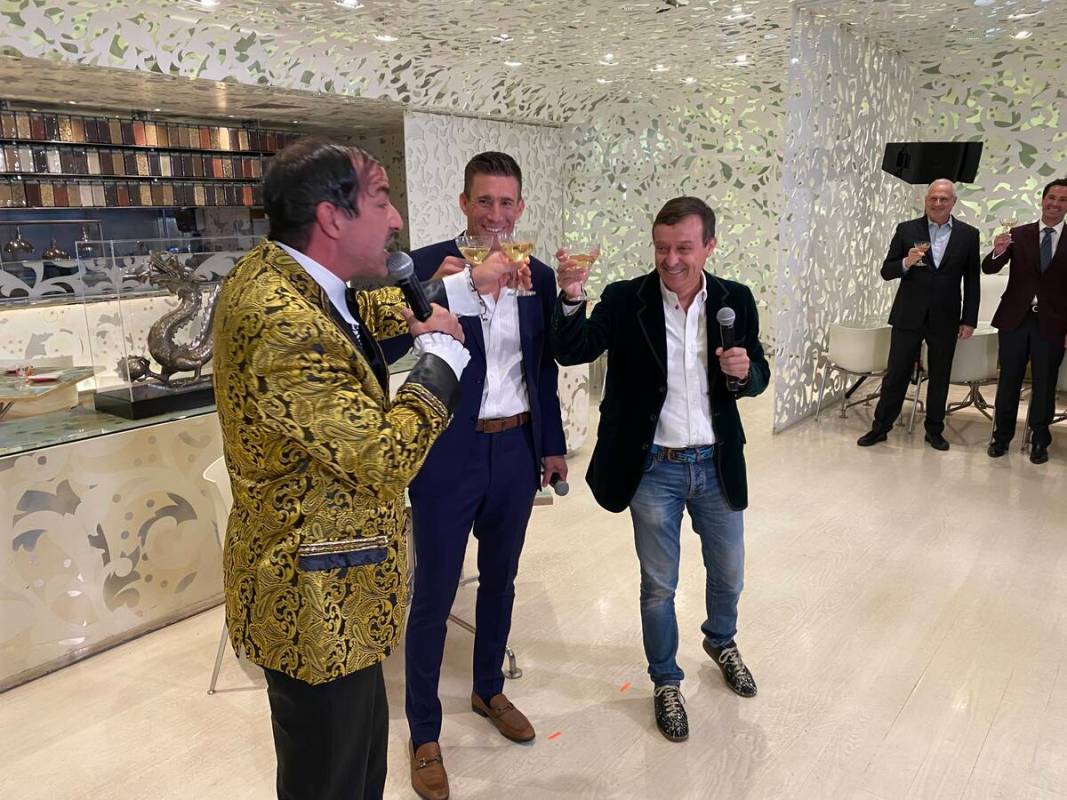 The Gazillionaire, left, Caesars Entertainment President and CEO Anthony Carano and Spiegelworl ...