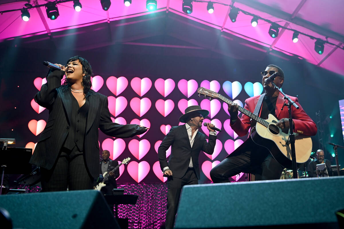 LAS VEGAS, NEVADA - OCTOBER 16: Demi Lovato, AJ McLean and Kenny "Babyface" Edmonds attends the ...