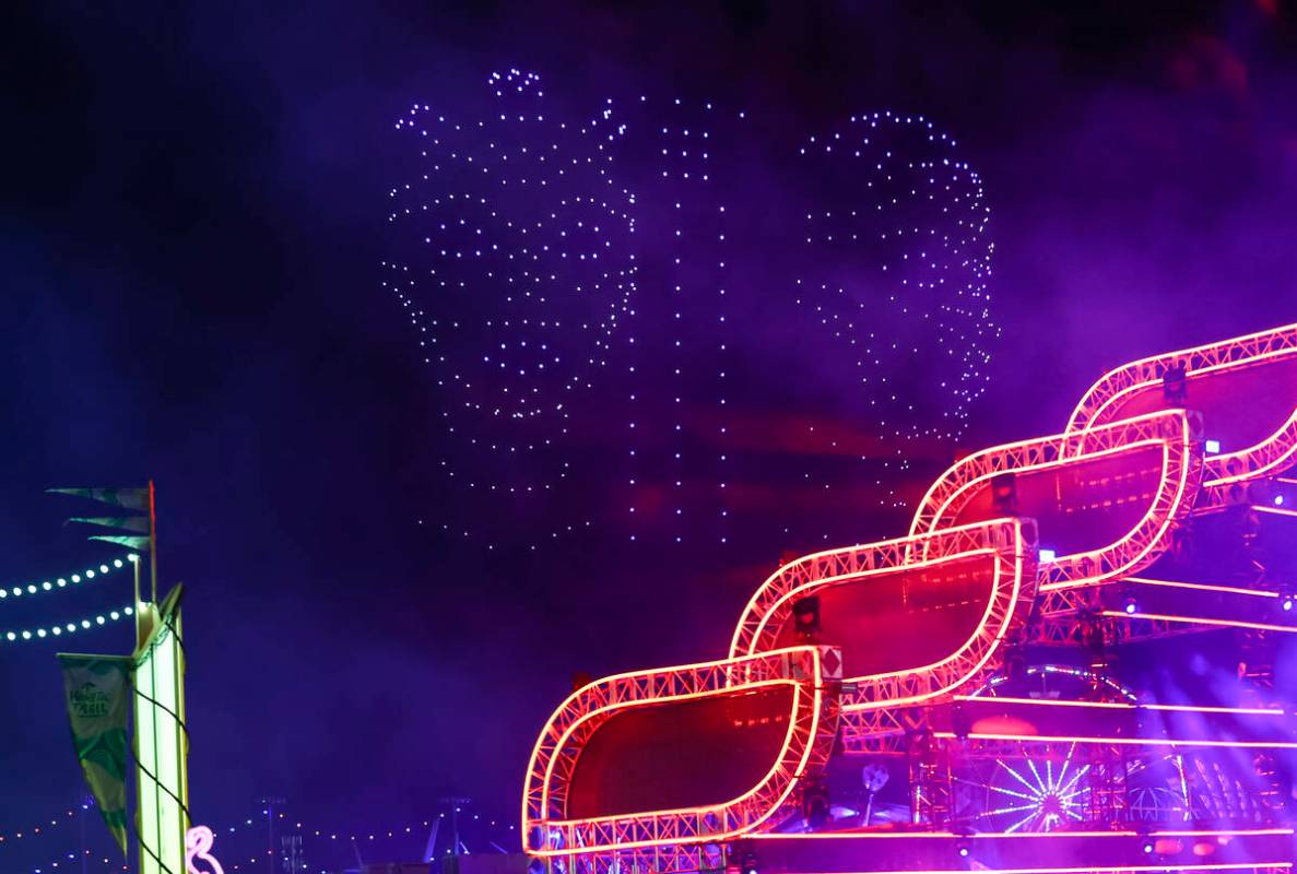 A drone show lights up the sky during the second day of the Electric Daisy Carnival at the Las ...