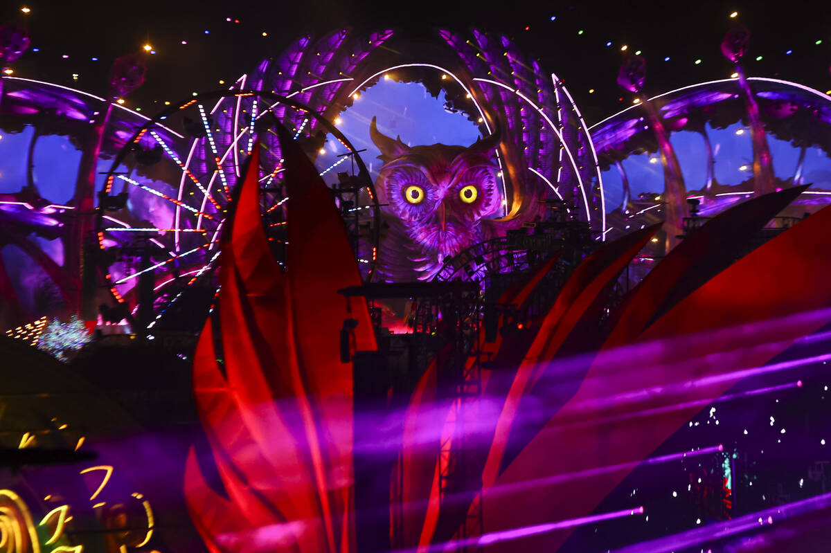 The massive owl at the Kinetic Field stage is pictured from the speedway grandstands during the ...