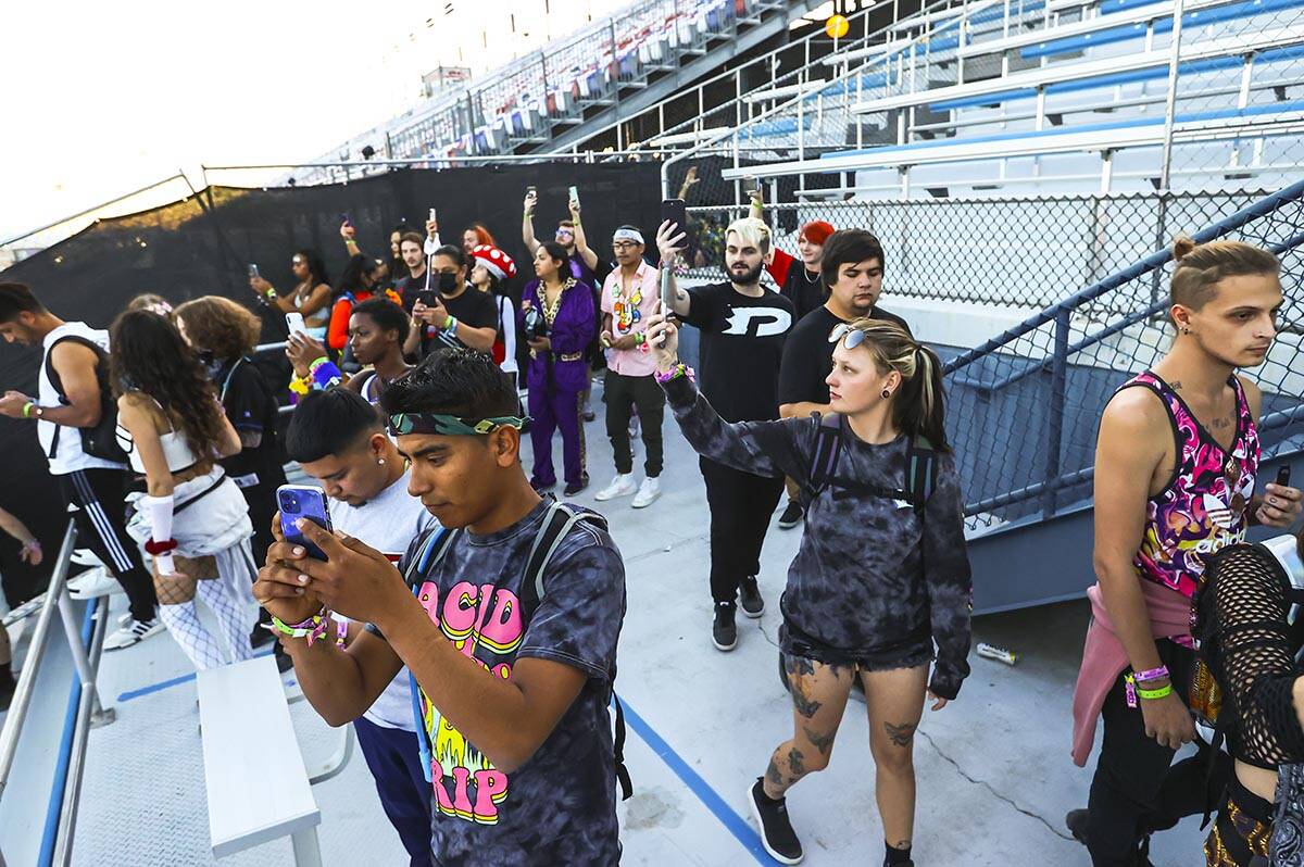 Attendees take in the sights of the Cosmic Meadow stage during the first day of the Electric Da ...